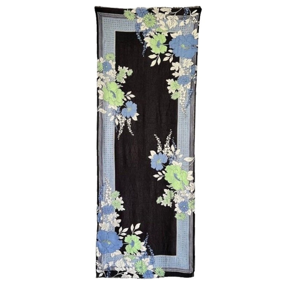 Talbots Womens Black Floral Wrap Scarf Shawl Blue Green Asian Botanical‎ 72x27